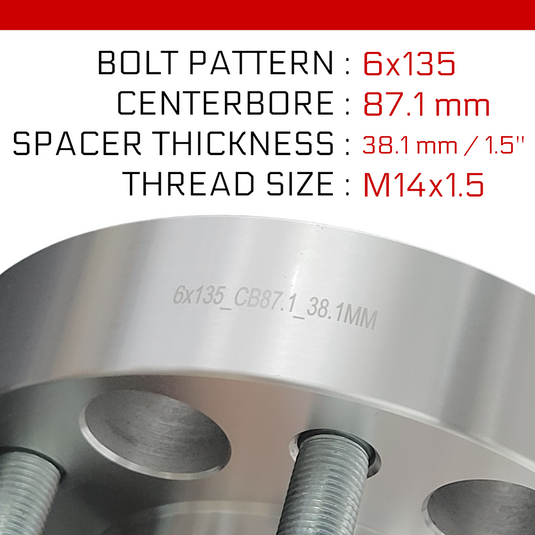 Espaceur de roue 6x135 - épaisseur 1.5po - alésage central 87.1mm - Argent