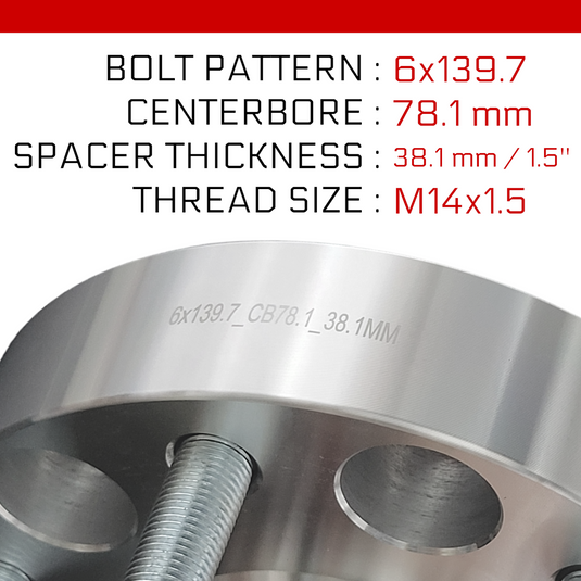 Espaceur de roue 6x139,7 - épaisseur 1,5 pouces - alésage central 78,1 mm - Argent